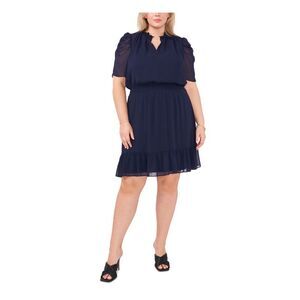 MSK WOMEN Womens Navy Pullover Pouf Sleeve Split Fit + Flare Dress Plus 1X